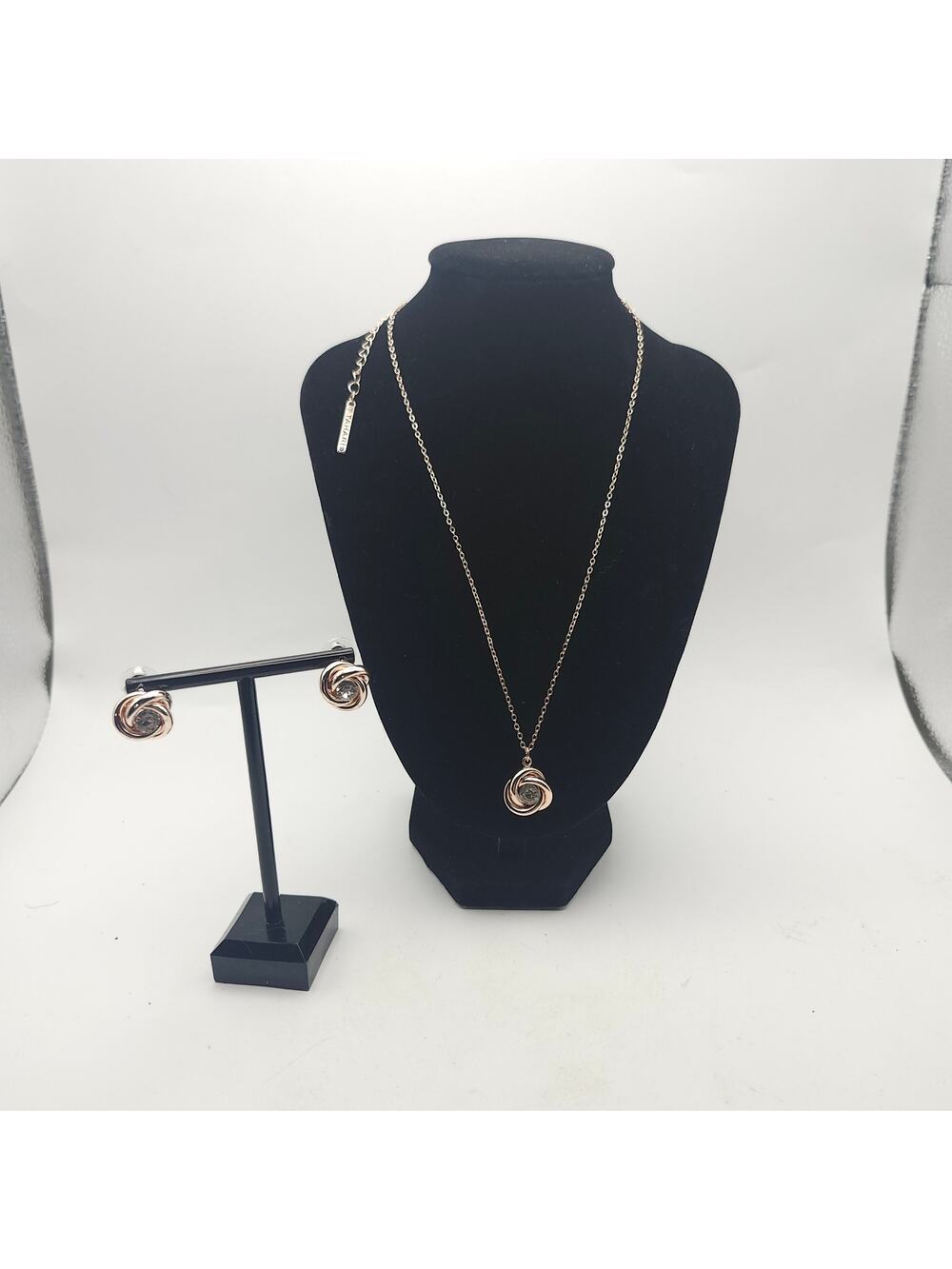 T Tahari Rose Gold Tone Clear Rhinestone Knot Pendant Necklace Post Earring Set